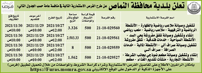 بلدية محافظة النماص تطرح فرص استثمارية في منافسة عامة 