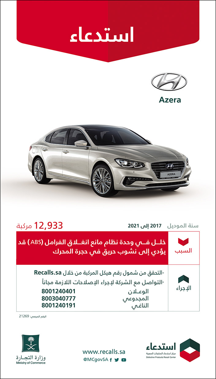 استدعاء سيارات هيونداي (Azera) موديل 2017م إلى 2021م لعدد 12.933 مركبة 