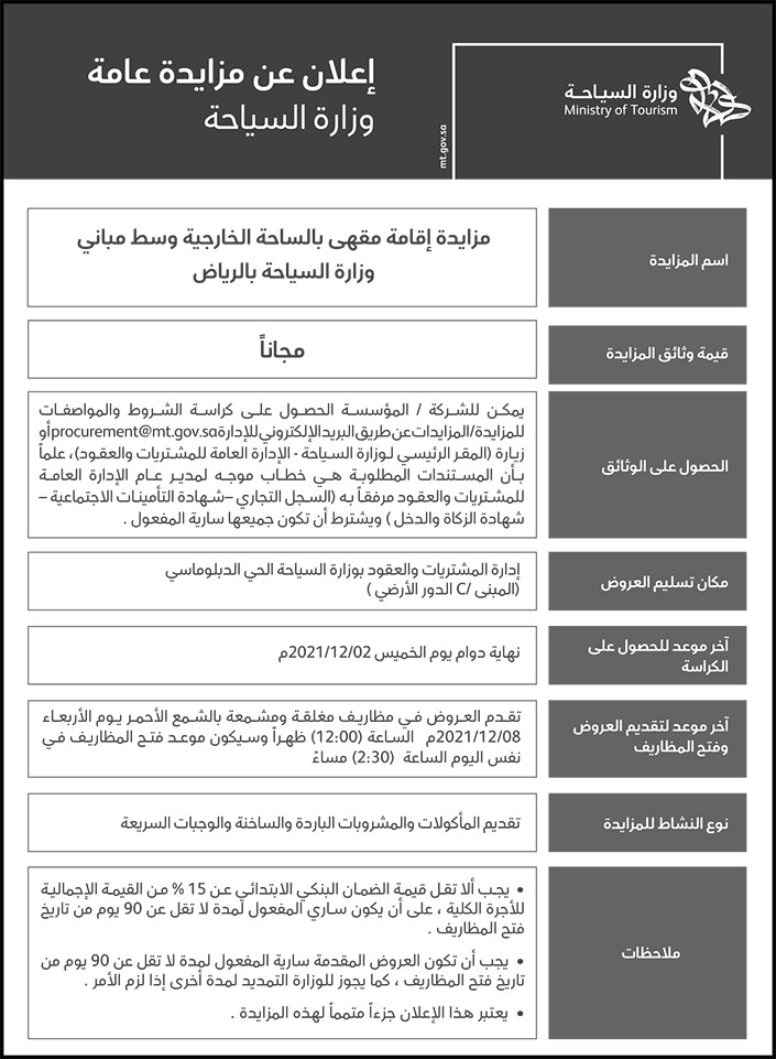 وزارة السياحة تعلن عن مزايدة لإقامة مقهى بالساحة الخارجية وسط مباني وزارة السياحة بالرياض 