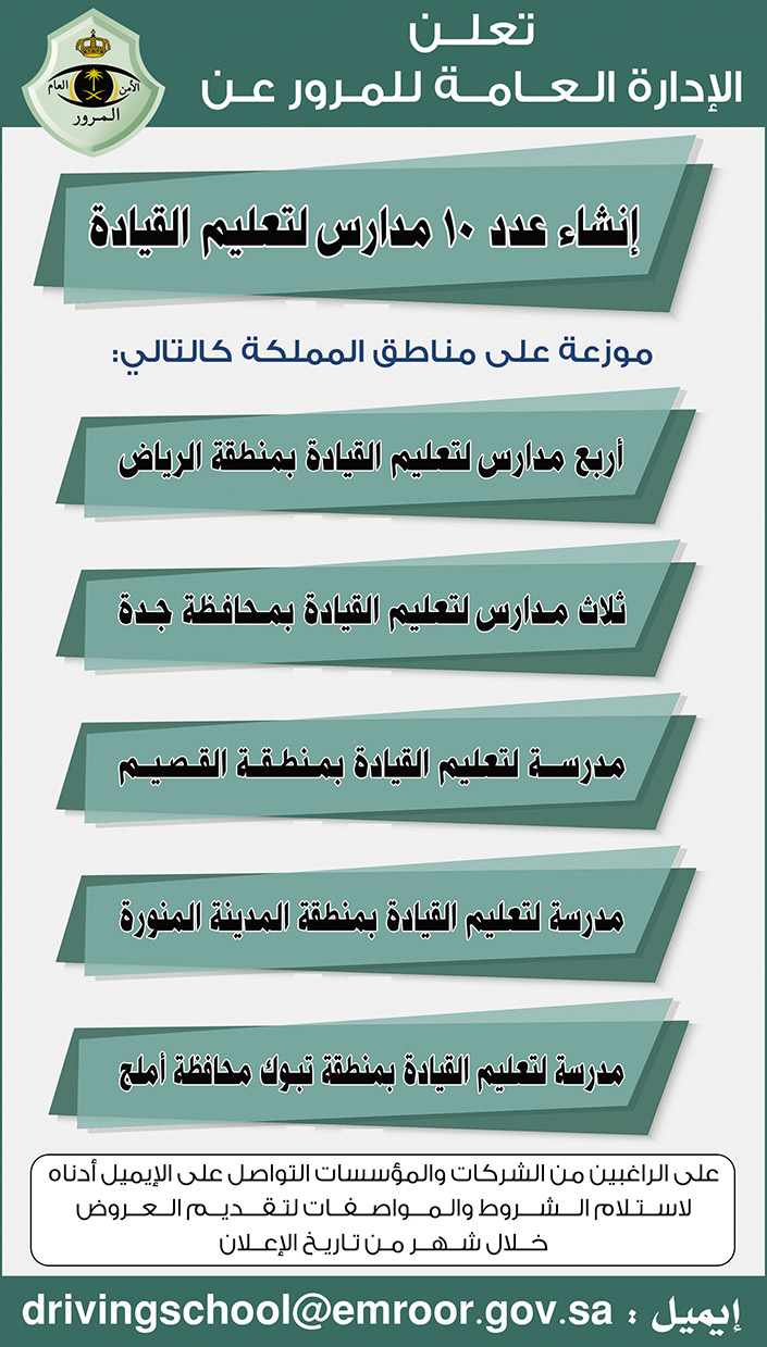 الإدارة العامة للمرور تعلن عن إنشاء (10) مدارس لتعليم القيادة بالرياض وجدة والقصيم والمدينة المنورة وأملج 