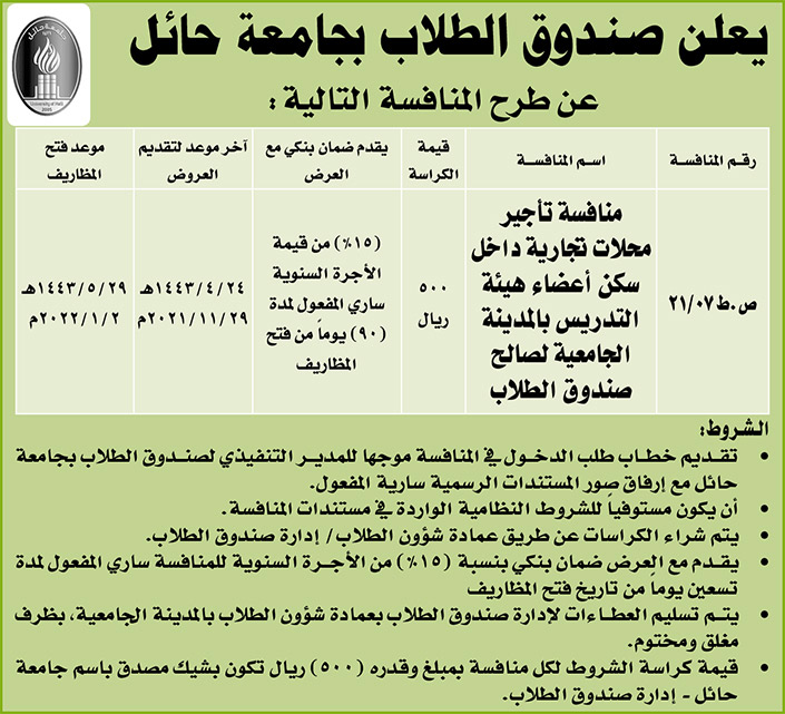 صندوق الطلاب بجامعة حائل تطرح منافسة تأجير محلات تجارية داخل سكن أعضاء هيئة التدريس بالمدينة الجامعية لصالح صندوق الطلاب 