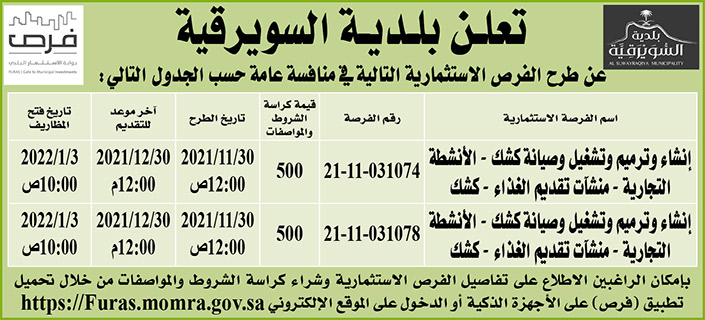 بلدية السويرقية تطرح فرص استثمارية في منافسة عامة 