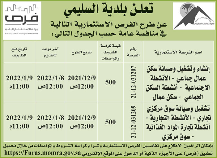 بلدية السليمي تطرح فرص استثمارية في منافسة عامة 