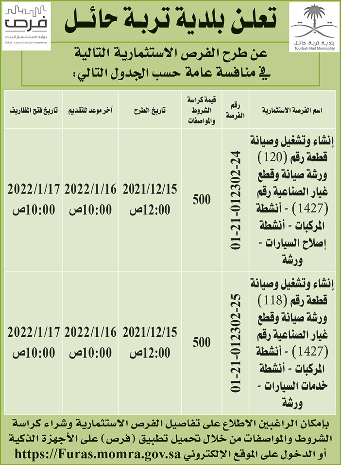 بلدية تربة حائل تطرح فرص استثمارية في منافسة عامة 