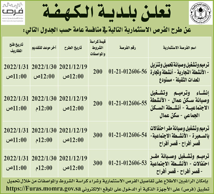 بلدية الكهفة تطرح فرص استثمارية في منافسة عامة 