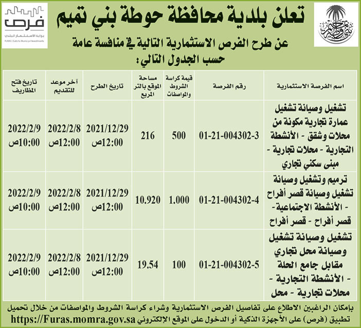 بلدية محافظة حوطة بني تميم تطرح فرص استثمارية في منافسة عامة 