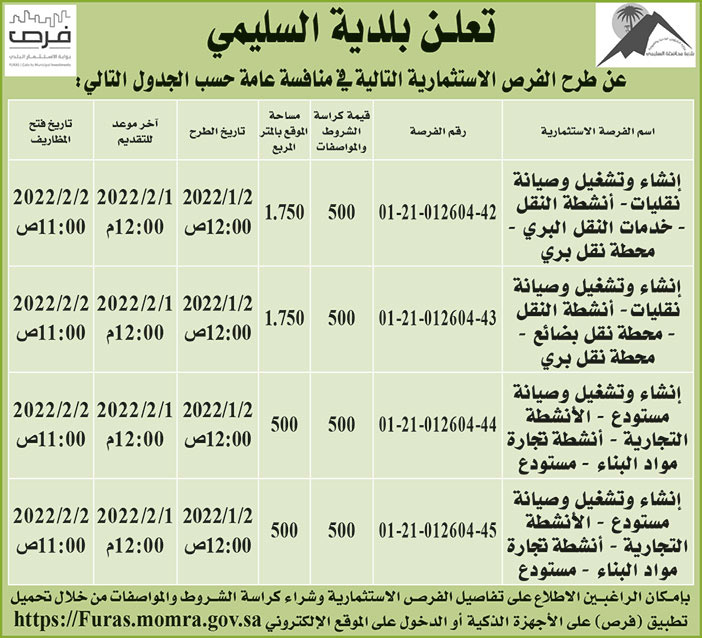 بلدية السليمي تطرح فرص استثمارية في منافسة عامة 