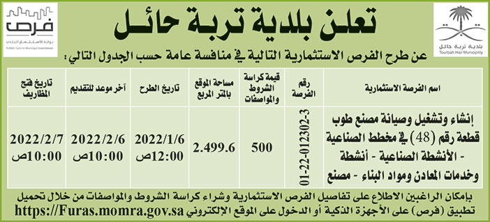 بلدية تربة حائل تطرح فرص استثمارية في منافسة عامة 