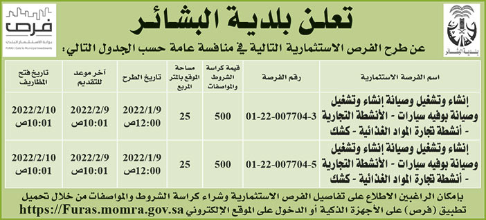 بلدية البشائر تطرح فرص استثمارية في منافسة عامة 