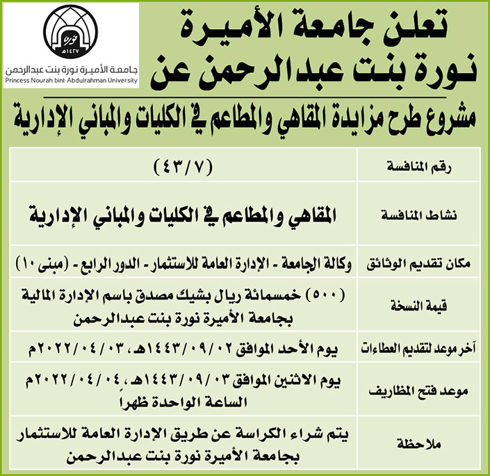 جامعة الأميرة نورة بنت عبدالرحمن تطرح مشروع مزايدة لمقاهي ومطاعم الكليات والمباني الإدارية 