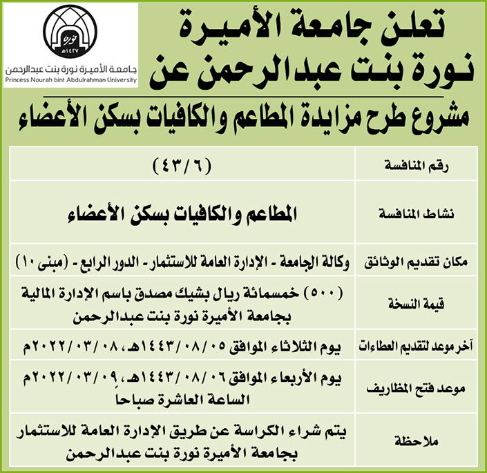 جامعة الأميرة نورة بنت عبدالرحمن تطرح مزايدة لمشروع للمطاعم والكافيات بسكن الأعضاء 