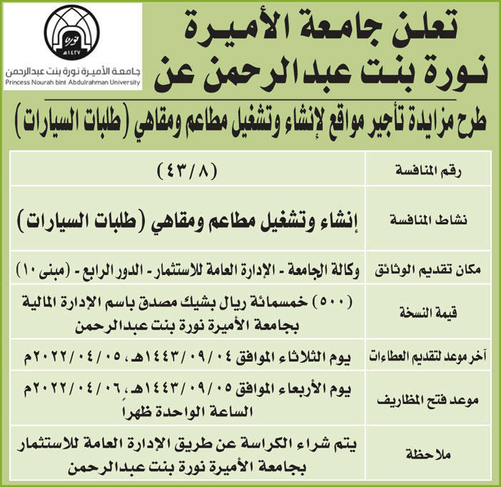 جامعة الأميرة نورة بنت عبدالرحمن تطرح مزايدة لتأجير مواقع لإنشاء وتشغيل مطاعم ومقاهي (طلبات السيارات) 