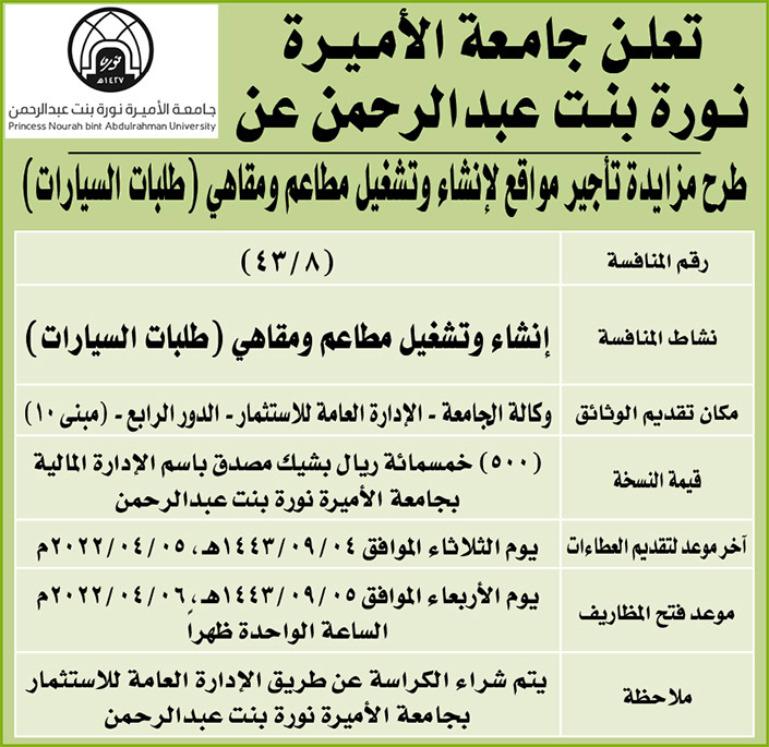 جامعة الأميرة نورة بنت عبدالرحمن تطرح مزايدة مواقع لإنشاء وتشغيل مطاعم ومقاهي (طلبات السيارات) 