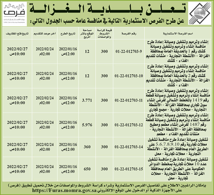 بلدية الغزالة تطرح فرص استثمارية في منافسة عامة 