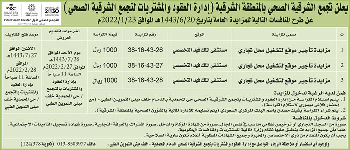 تجمع الشرقية الصحي بالمنطقة الشرقية (إدارة العقود والمشتريات لتجمع الشرقية الصحي) تطرح المنافسات بالمزايدة العامة 