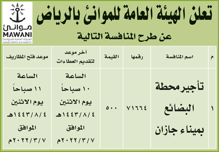 الهيئة العامة للموانئ بالرياض تطرح منافسة تأجير محطة البضائع بميناء جازان 