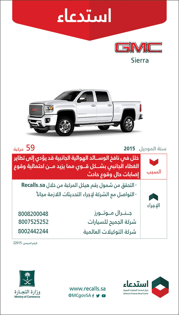 استدعاء سيارات GMC نوع Sierra موديل 2015 لعدد 59 مركبة 