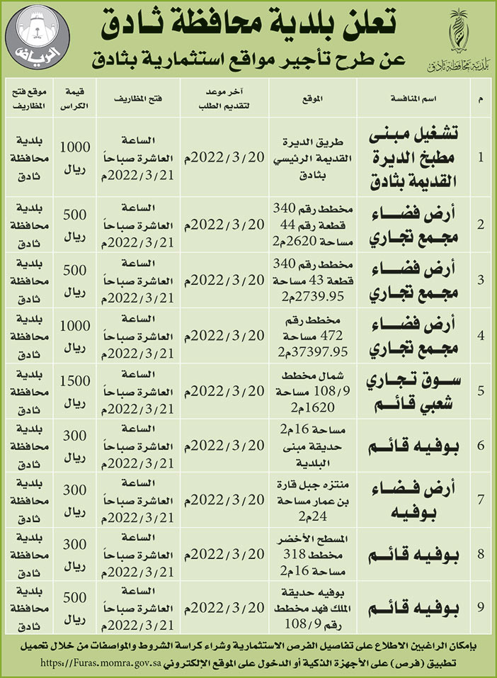 بلدية محافظة بارق تطرح تأجير مواقع استثمارية بثادق 