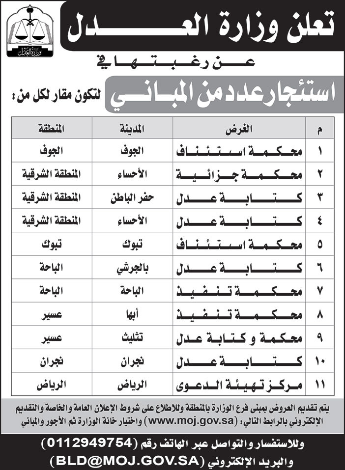 وزارة العدل ترغب في استئجار عدد من المباني لتكون مقار لها بالجوف والمنطقة الشرقية وتبوك والباحة وعسير ونجران والرياض 