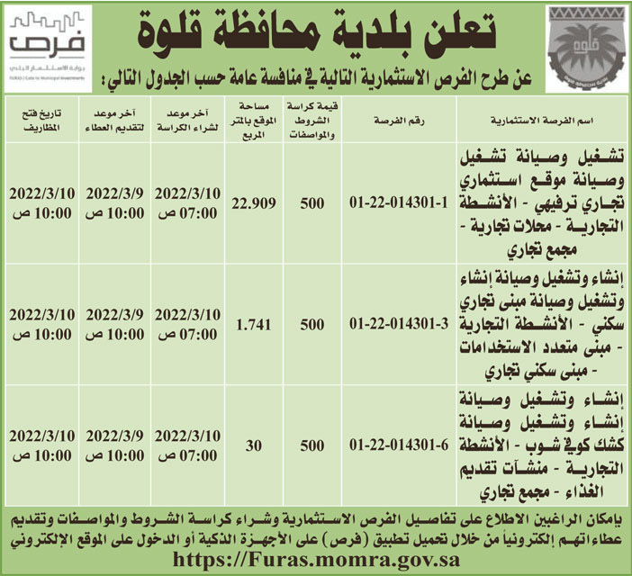 بلدية محافظة قلوة تطرح فرص استثمارية في منافسة عامة 