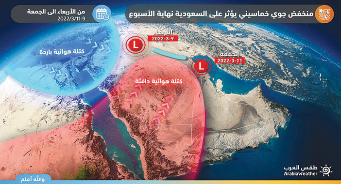 كتلة هوائية دافئة تُسيطر على المملكة نهاية الأسبوع 