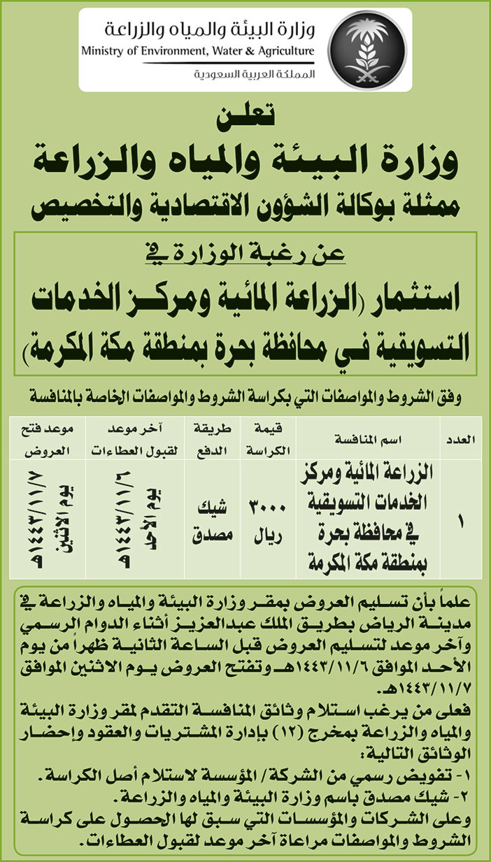 وزارة البيئة والمياه والزراعة ترغب في استثمار (الزراعة المائية ومركز الخدمات التسويقية في محافظة بحرة بمنطقة مكة المكرمة) 