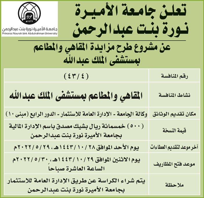 جامعة الأميرة نورة بنت عبدالرحمن تطرح مشروع المزايدة للمقاهي والمطاعم بمستشفى الملك عبدالله 