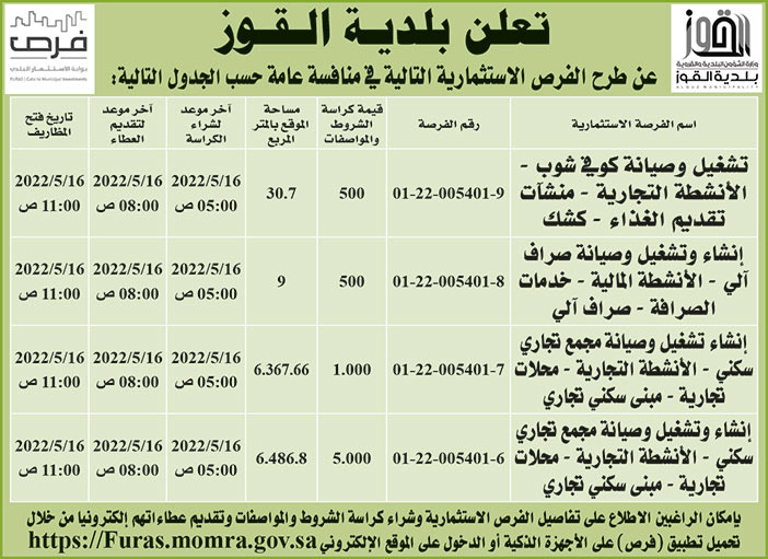 بلدية القوز تطرح فرص استثمارية في منافسة عامة 