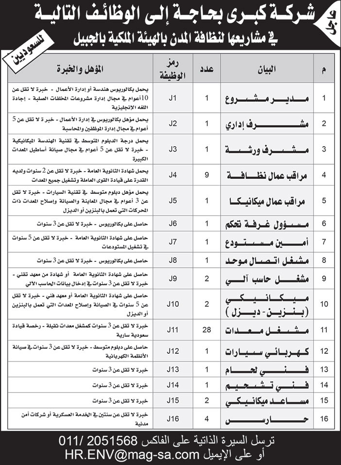 للسعوديين.. شركة كبرى بحاجة إلى الوظائف في مشاريعها لنظافة المدن بالهيئة الملكية بالجبيل 