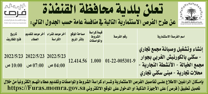 بلدية محافظة القنفذة تطرح فرص استثمارية في منافسة عامة 