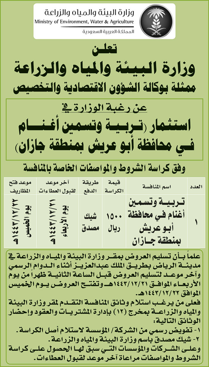 وزارة البيئة والمياه والزراعة ترغب في استثمار (تربية وتسمين أغنام في محافظة أبو عريش جازان) 