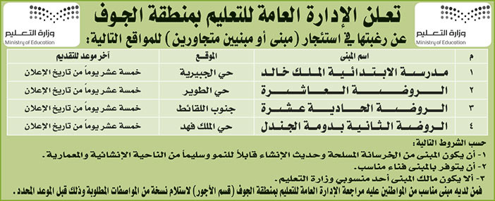 الإدارة العامة للتعليم بمنطقة الجوف ترغب في استئجار (مبنى أو مبنيين متجاورين) 