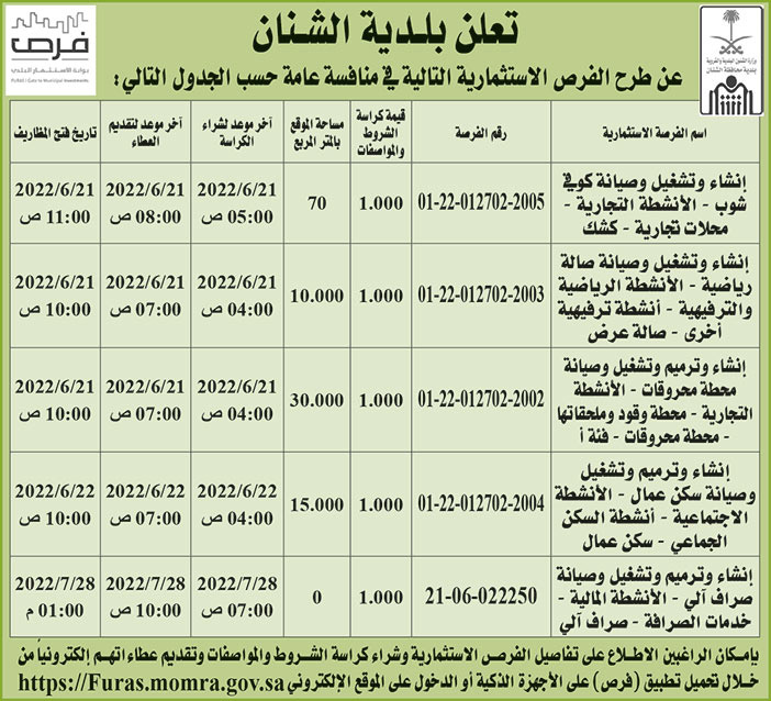 بلدية الشنان تطرح فرص استثمارية في منافسة عامة 