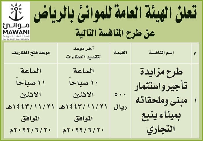 الهيئة العامة للمواني بالرياض تطرح مزايدة تأجير واستثمار مبنى وملحقاته بميناء ينبع التجاري 