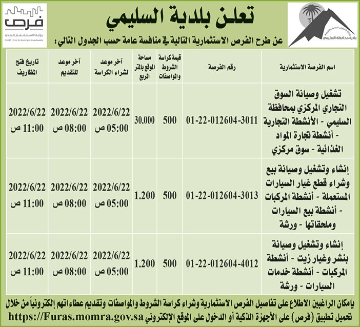 بلدية السليمي تطرح فرص استثمارية في منافسة عامة 