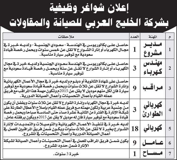 شواغر وظيفية بشركة الخليج العربي للصيانة والمقاولات 