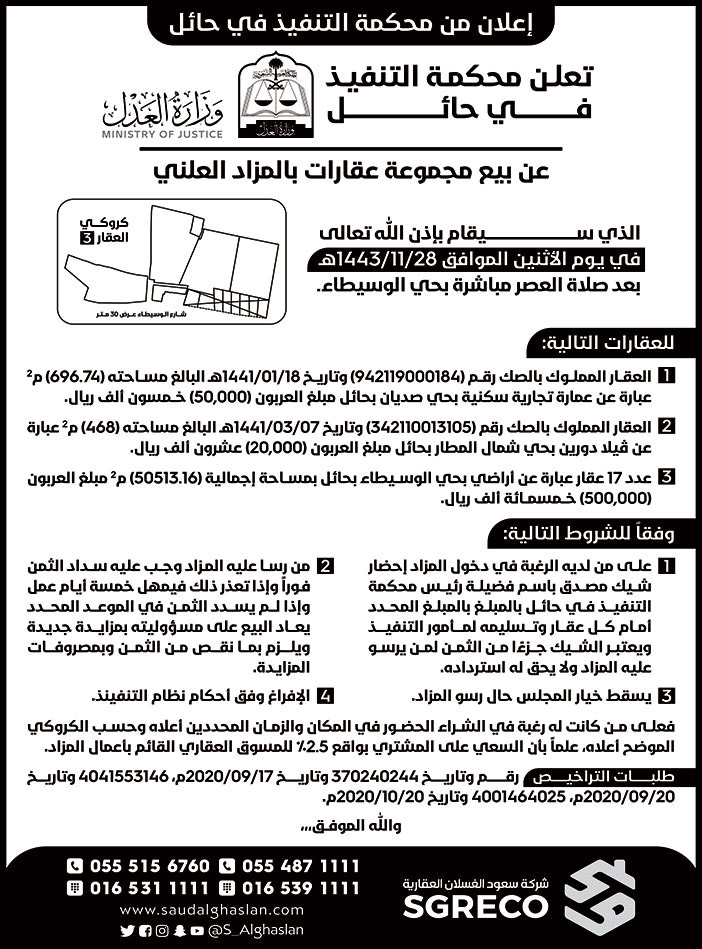 محكمة التنفيذ في حائل تعلن عن بيع مجموعة عقارات بالمزاد العلني 