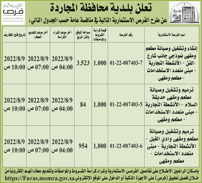 بلدية المجاردة تطرح فرص استثمارية في منافسة عامة 