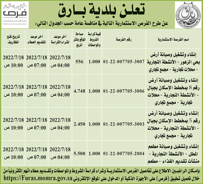 بلدية بارق تطرح فرص استثمارية في منافسة عامة 