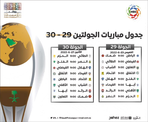 جدول مباريات الجولتين 29 - 30 من دوري MBS 