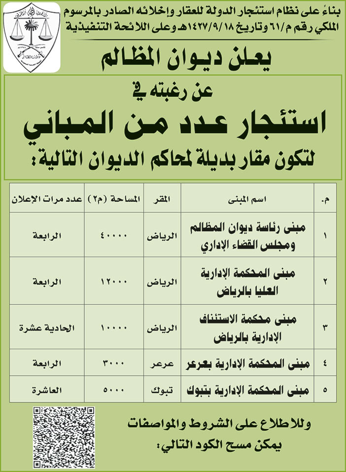 ديوان المظالم يرغب في استئجار عدد من المباني لتكون مقار بديلة لمحاكم الديوان 