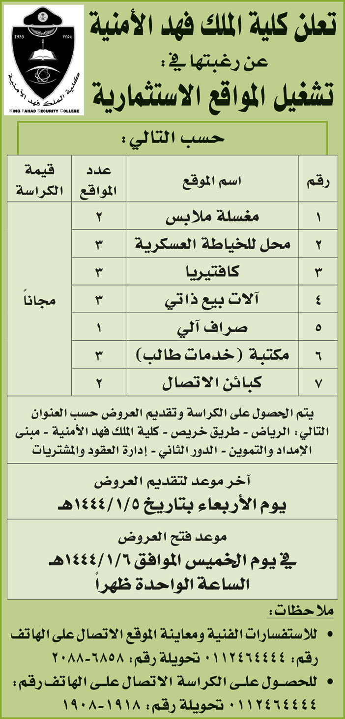 كلية الملك فهد الامنية ترغب في تشغيل مواقع استثمارية 