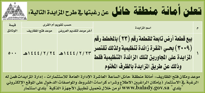 أمانة منطقة حائل ترغب في طرح المزايدة لبيع قطع أرض بحي النقرة 