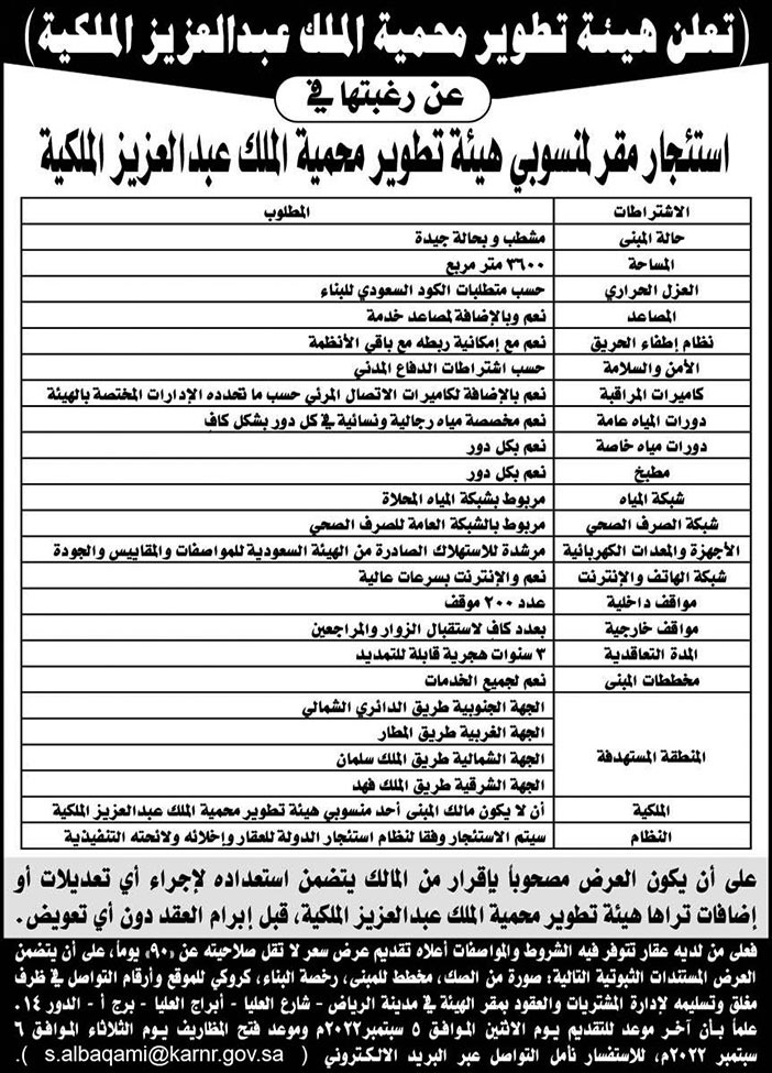 هيئة تطوير محمية الملك عبدالعزيز الملكية ترغب في استئجار مقر لمنسوبي هيئة تطوير محمية الملك عبدالعزيز الملكية 