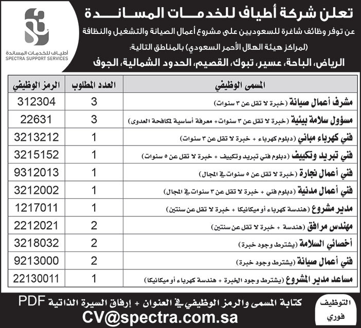 شركة أطياف للخدمات المساندة تعلن عن توفر وظائف شاغرة للسعوديين على مشروع أعمال الصيانة والتشغيل والنظافة (لمراكز هيئة الهلال الأحمر السعودي) 