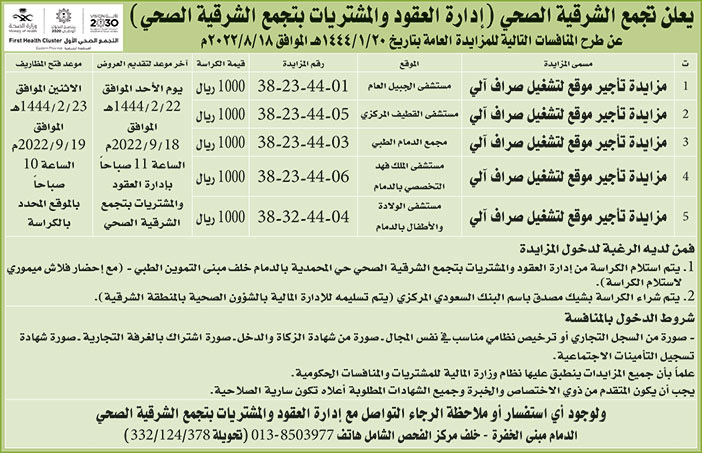 تجمع الشرقية الصحي تطرح منافسات للمزايدة العامة 