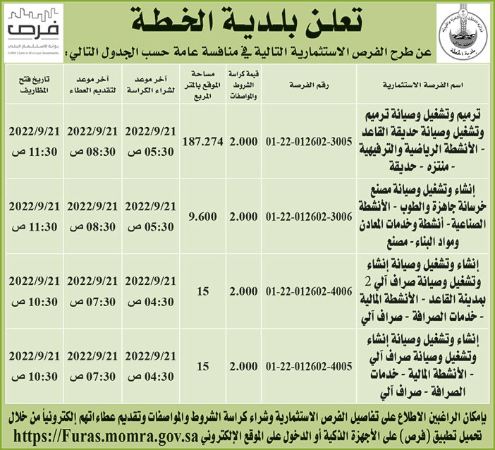 بلدية الخطة تطرح فرص استثمارية في منافسة عامة 