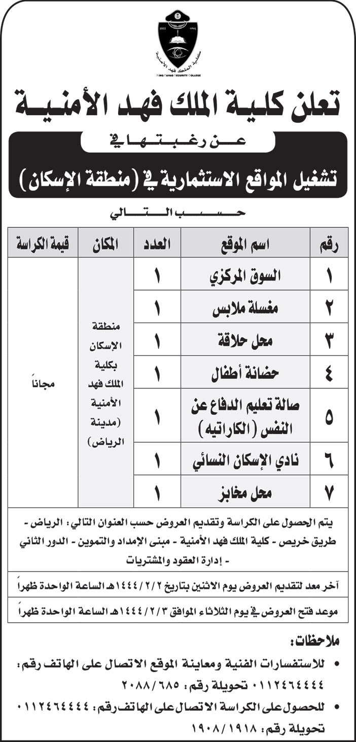 كلية الملك فهد الأمنية ترغب في تشغيل المواقع الاستثمارية في (منطقة الإسكان) 