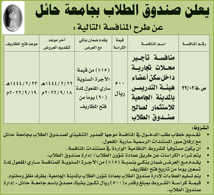 صندوق الطلاب بجامعة حائل تطرح منافسة تأجير محلات تجارية داخل سكن أعضاء هيئة التدريس بالمدينة الجامعية للاستثمار لصالح صندوق الطلاب 