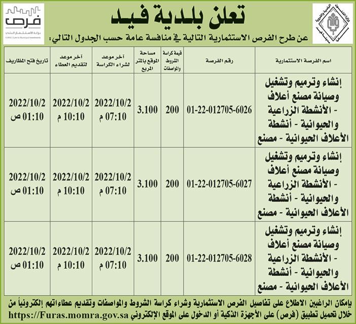 بلدية فيد تطرح فرص استثمارية في منافسة عامة 